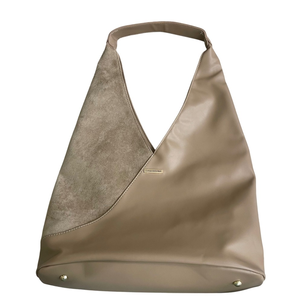 Catherine Malandrino Tan Faux Leather Suede Mixed Media Hobo Shoulder Bag Gold